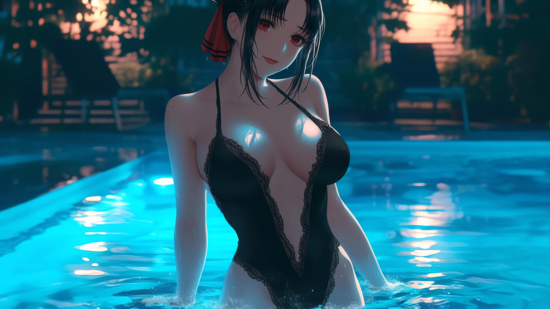 Kaguya Shinomiya with red eyes, wearing red, jumping out of a swimming pool under moonlight.