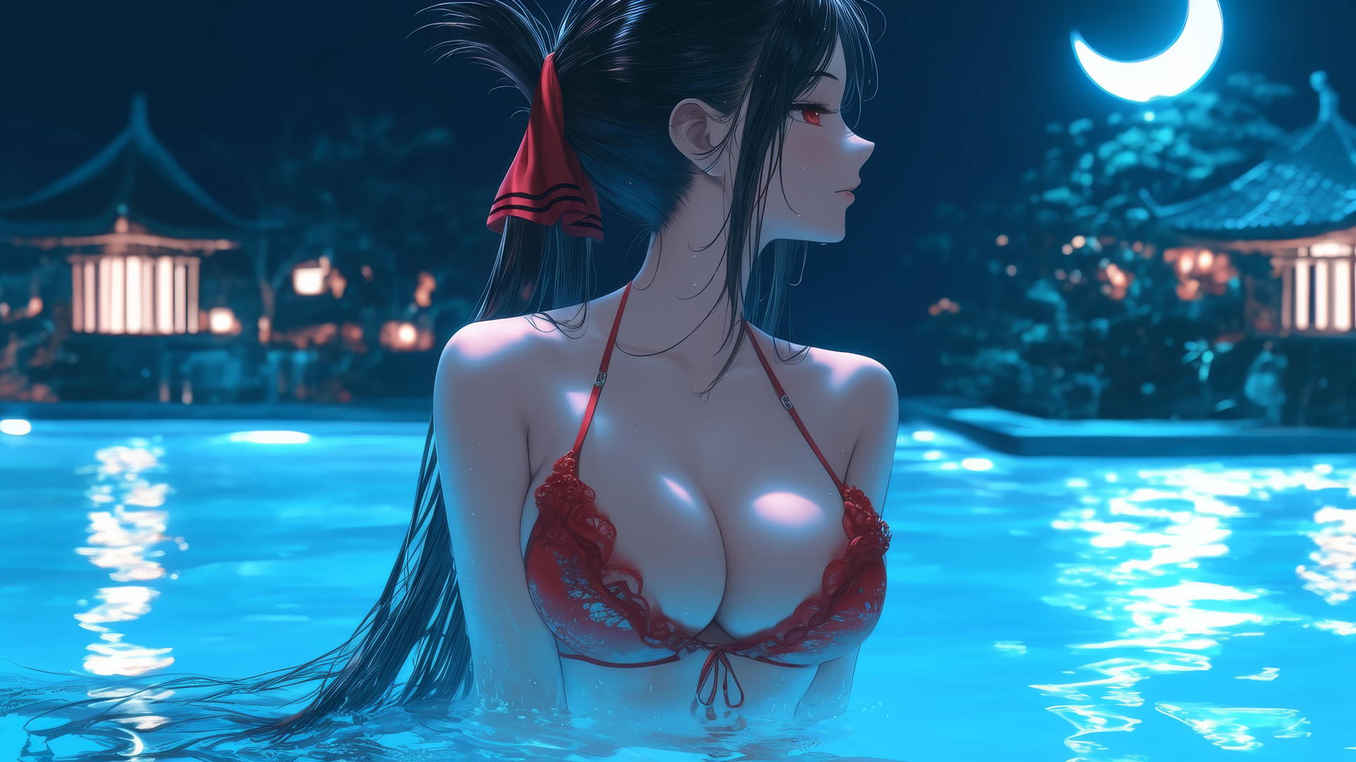 Kaguya Shinomiya with red eyes in red clothing jumping out of a swimming pool under moonlight.