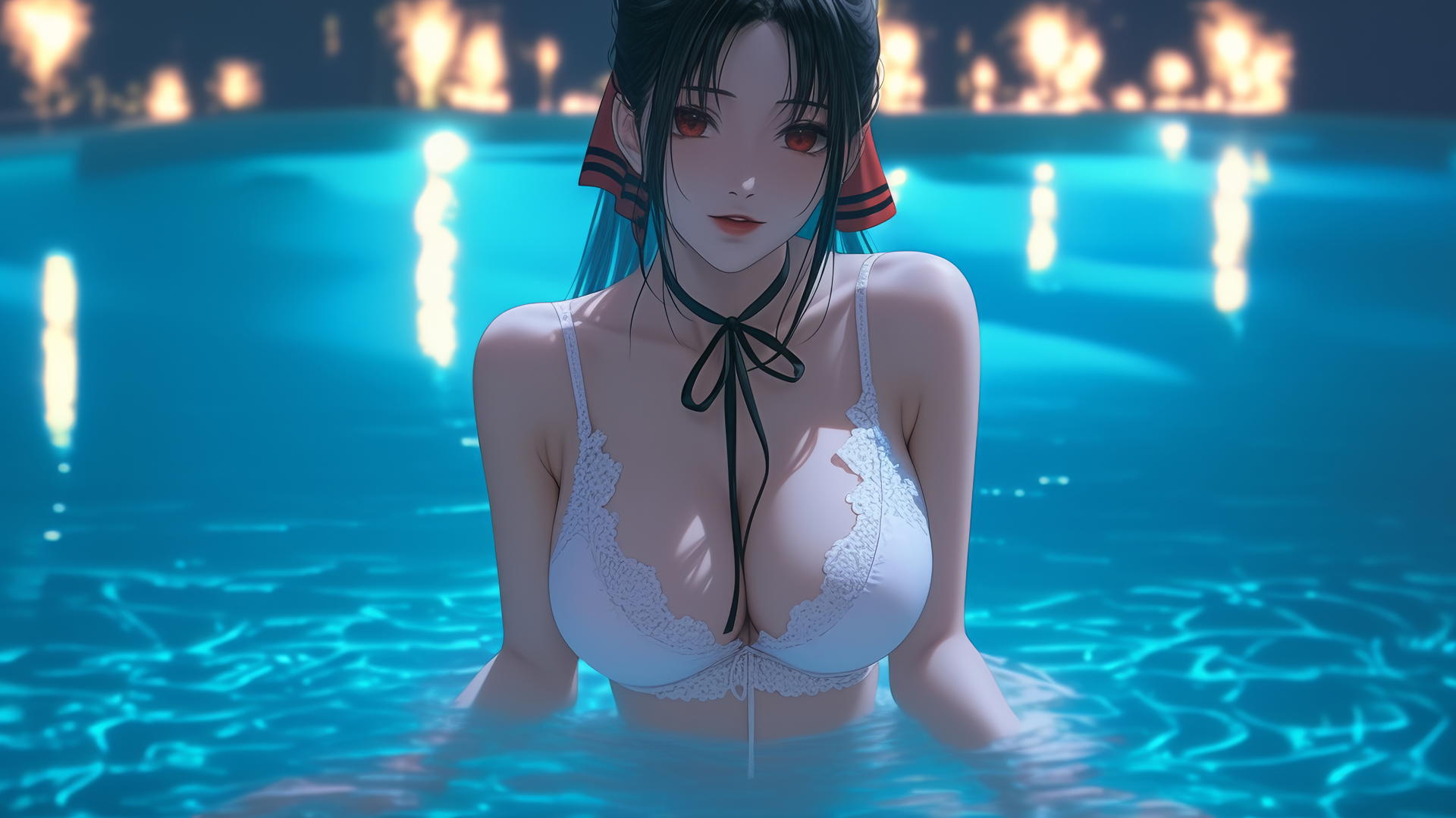 Kaguya Shinomiya with red eyes, wearing white, resting by a moonlit pool.