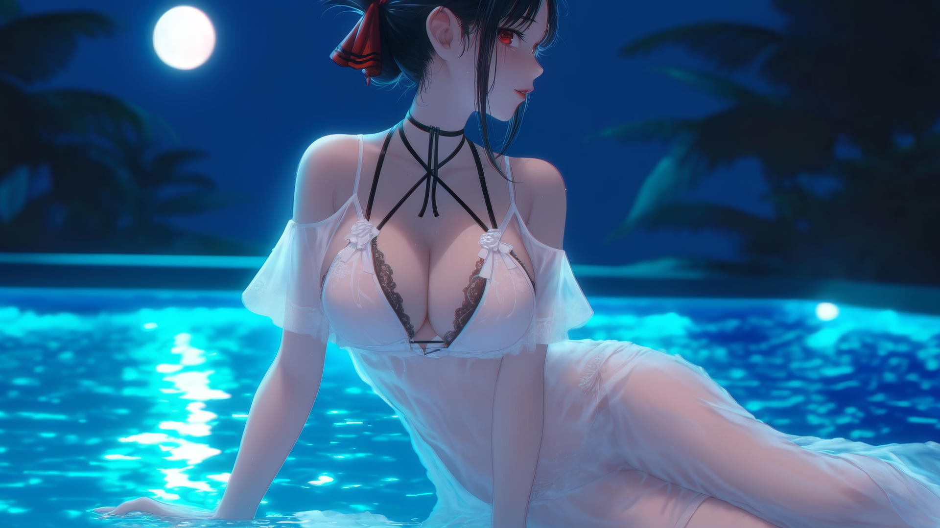 Kaguya Shinomiya with red eyes, in white, by a rainy pool under moonlight.