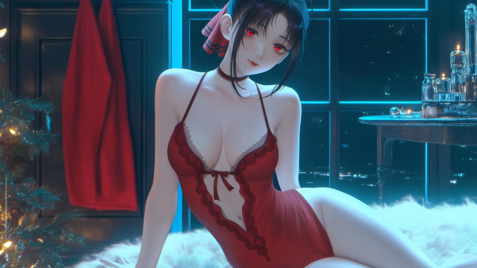 Kaguya Shinomiya in Christmas attire with red eyes, neon light glow.