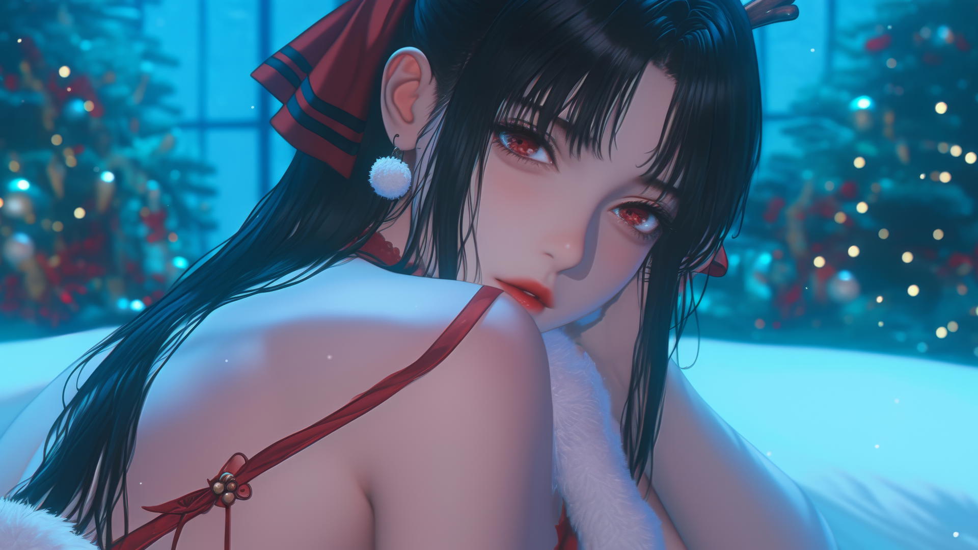 Kaguya Shinomiya in Christmas outfit with red eyes at a modern hotel with neon lighting.