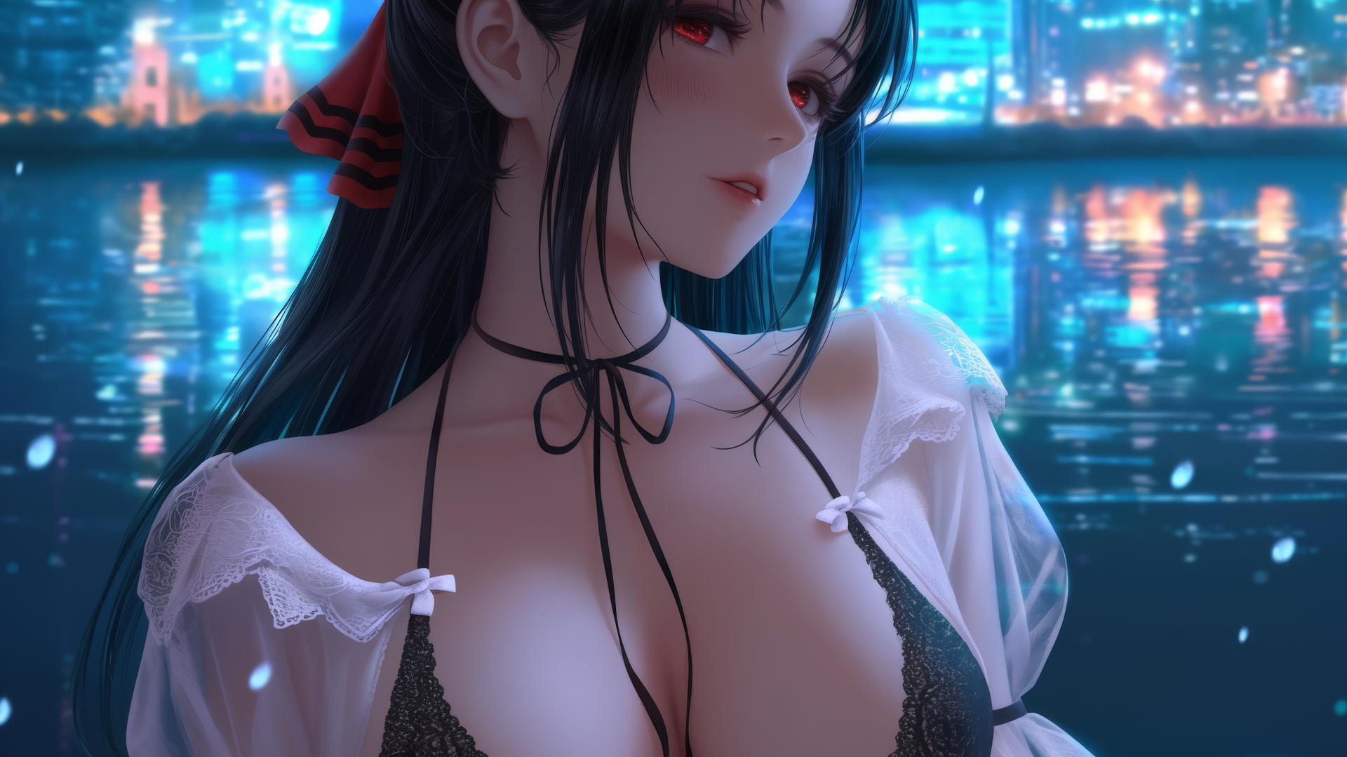 Kaguya Shinomiya with red eyes at a modern hotel with neon lighting