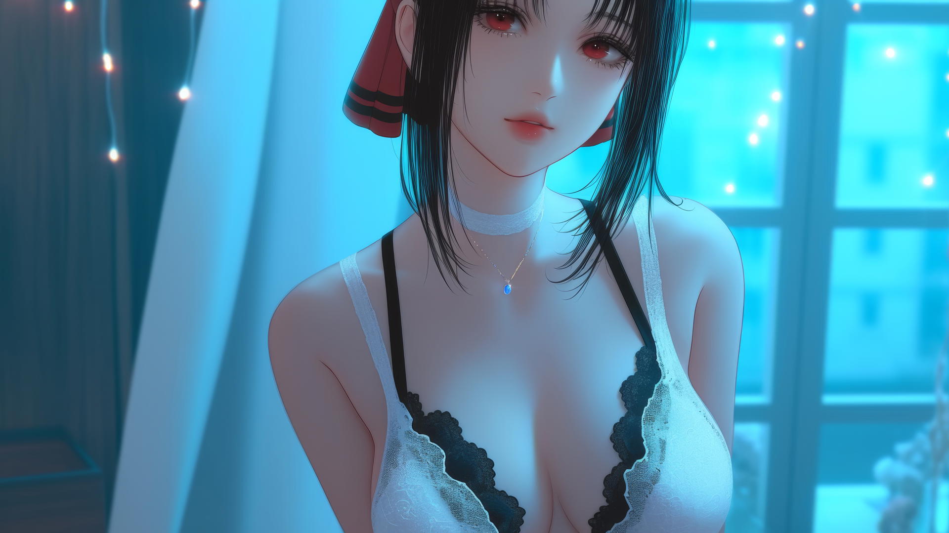 Kaguya Shinomiya with red eyes in a modern hotel under soft neon light.