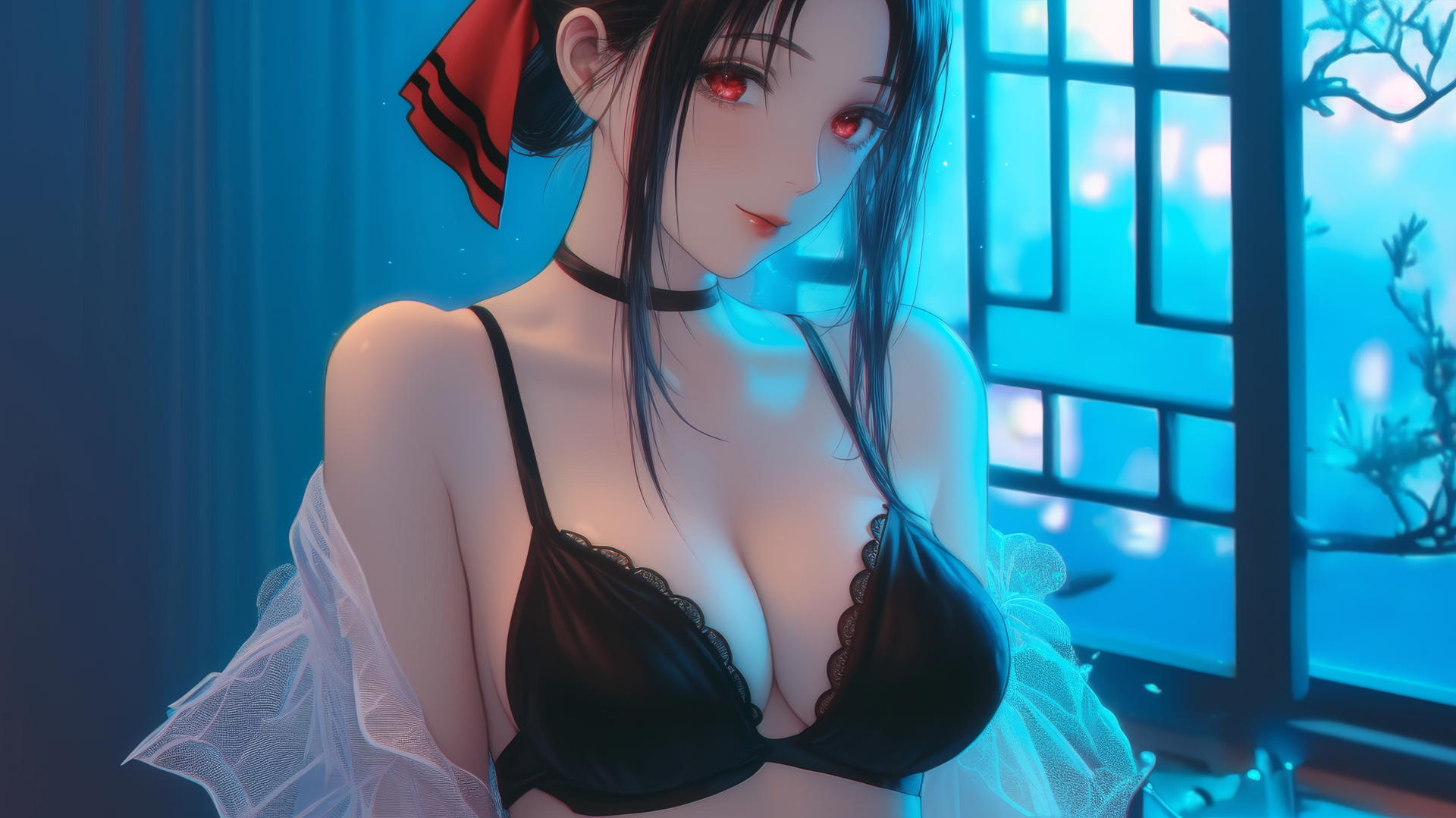 Kaguya Shinomiya with red eyes in a modern hotel with neon lighting