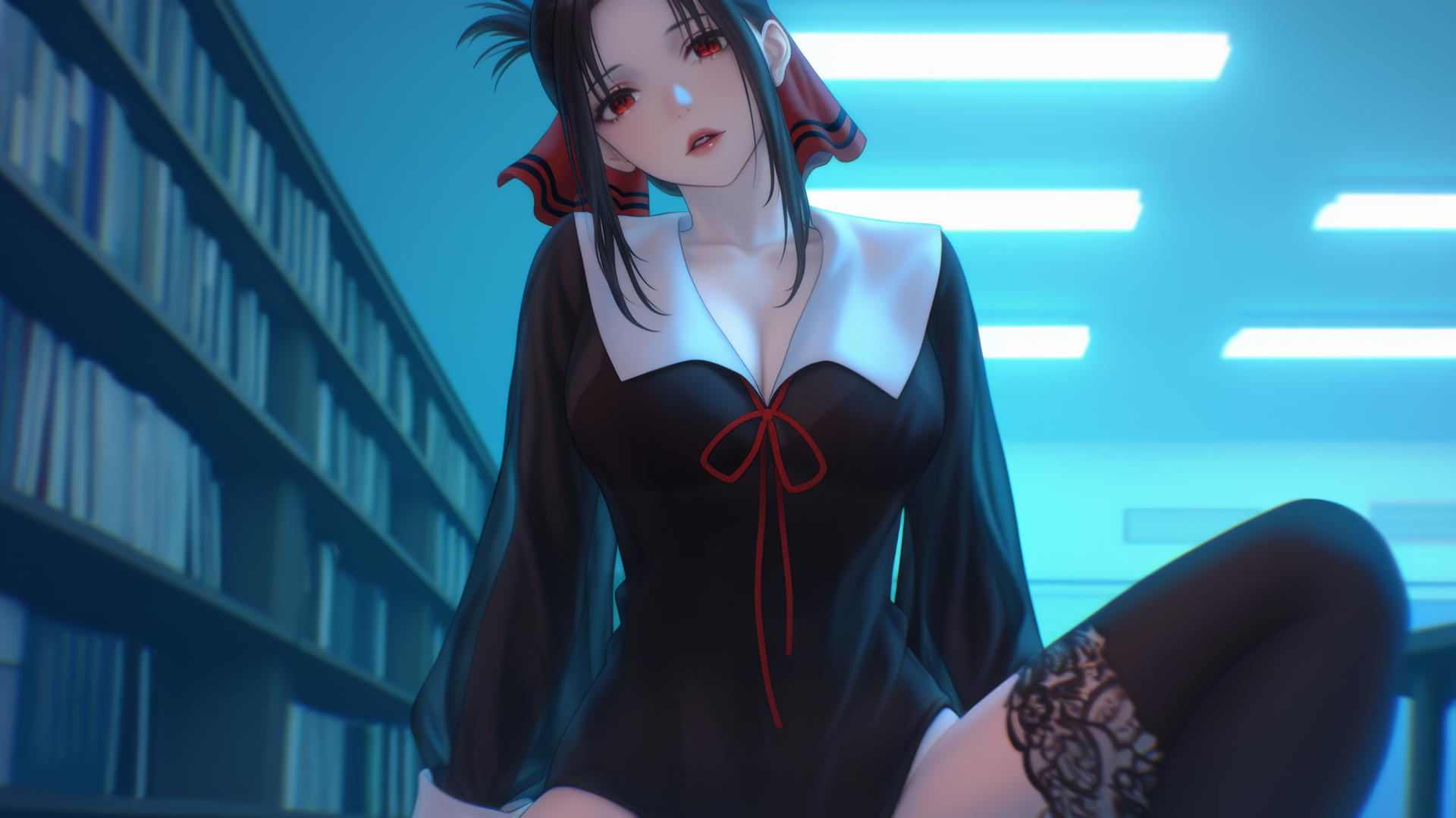 Kaguya Shinomiya with red eyes, kneeling under neon ceiling light, looking down.
