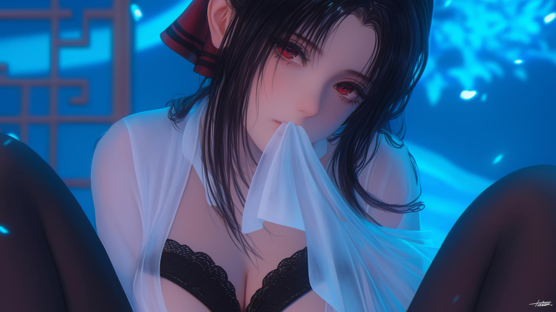 Kaguya Shinomiya kneeling, looking down with red eyes, neon light glow.