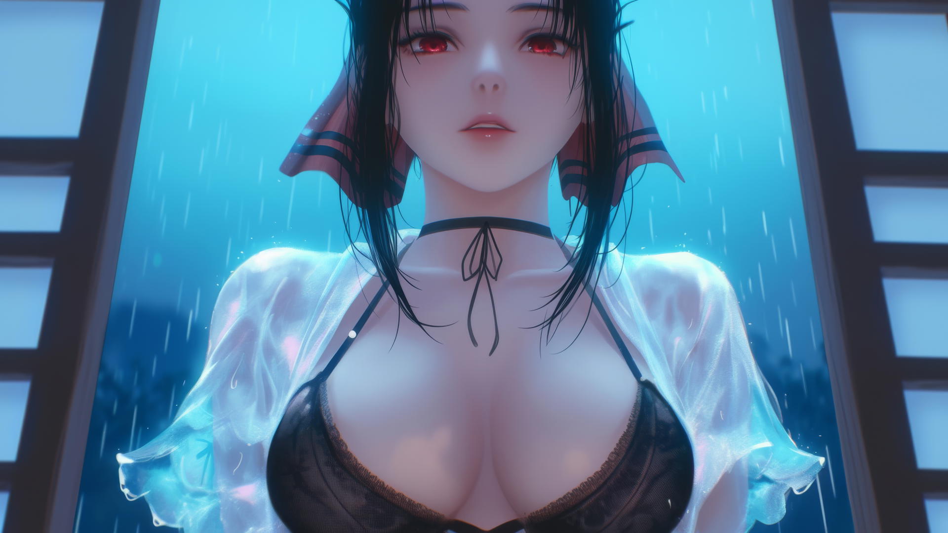 Kaguya Shinomiya kneeling, red eyes, neon ceiling lights casting soft glow