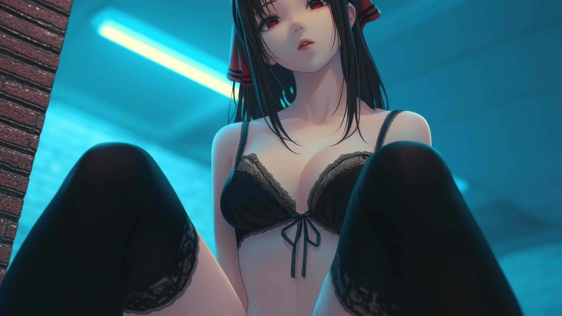 Kaguya Shinomiya kneeling under neon ceiling lights
