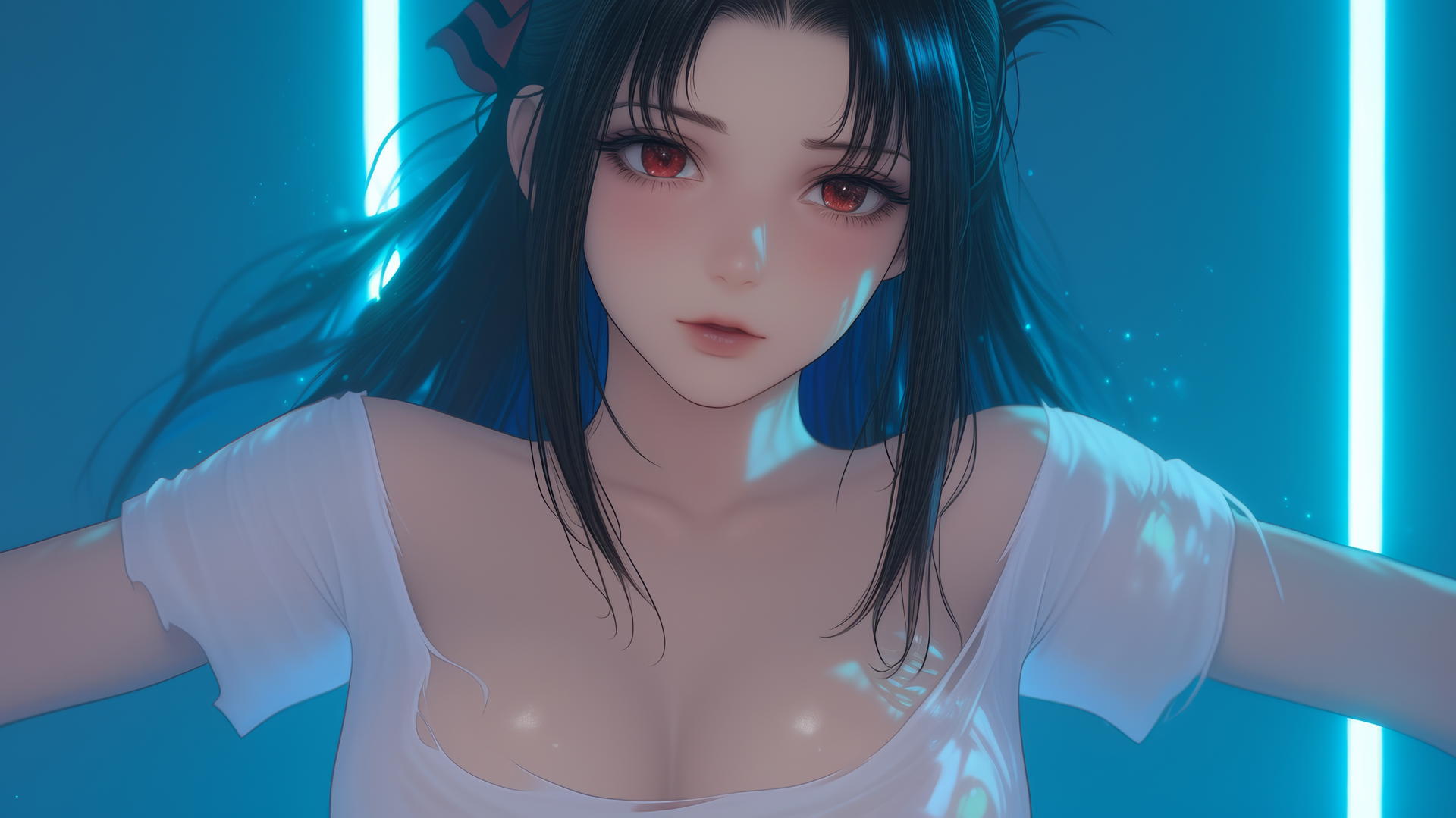 kaguya shinomiya from Kaguya sama wa Kokurasetai kneeling, red eyes, broken white shirt, neon light