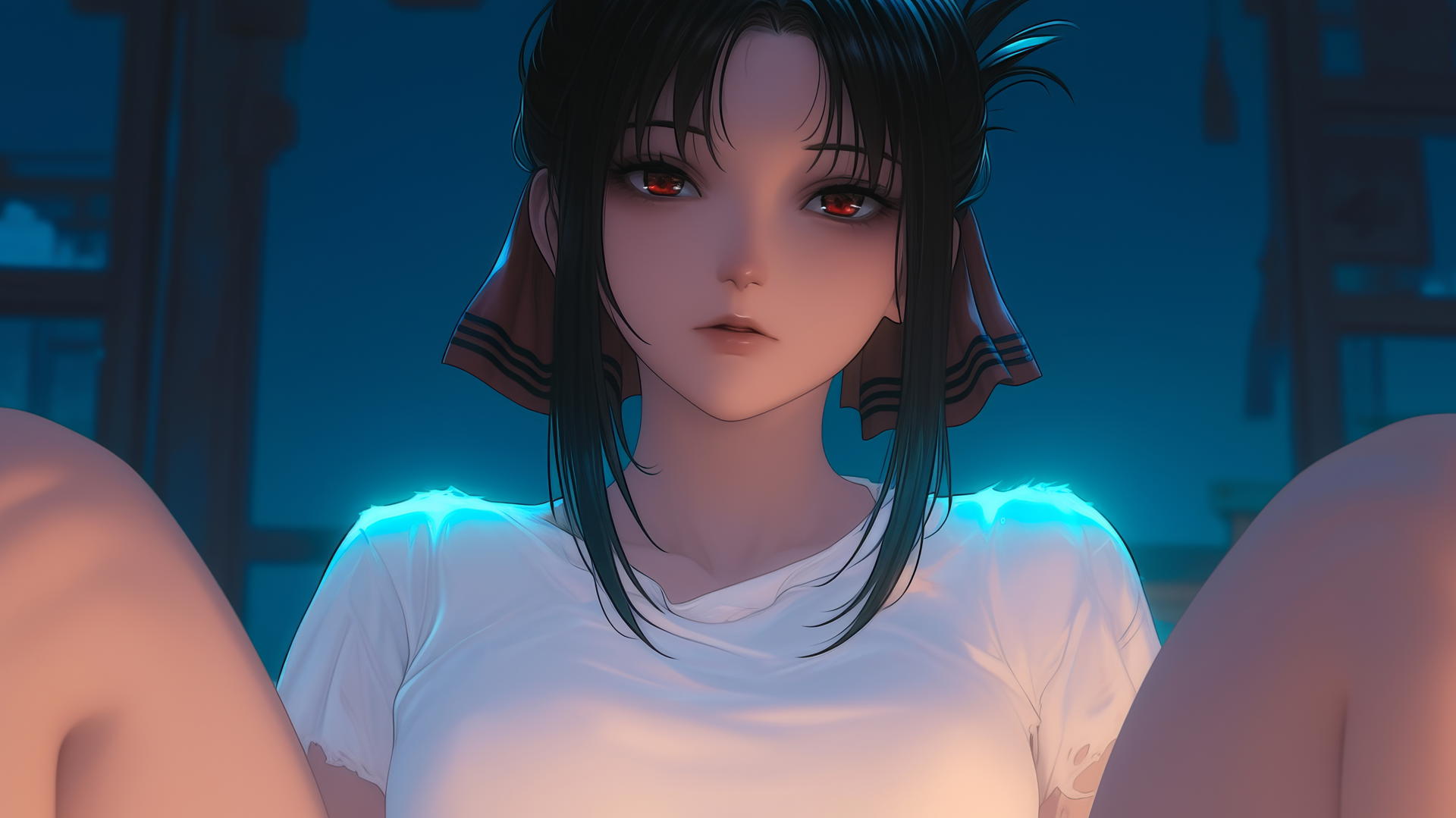 Kaguya Shinomiya kneeling, red eyes, broken white t-shirt, neon ceiling lights glow