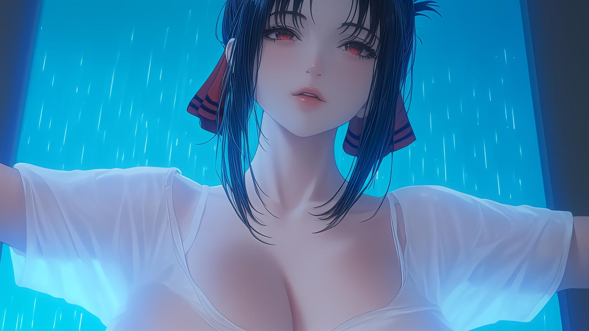 Kaguya Shinomiya kneeling, wearing a broken white t-shirt, neon-lit red eyes.