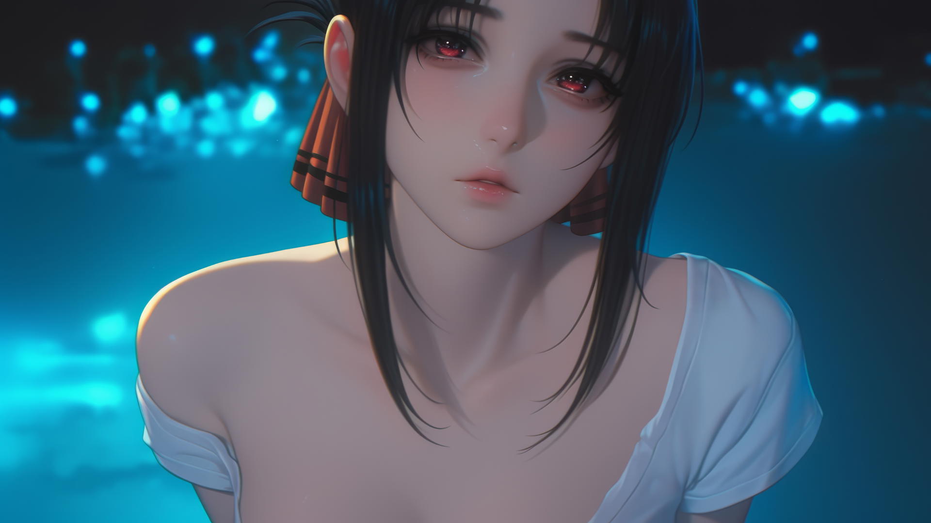 Kaguya Shinomiya kneeling, neon ceiling light, shattered white shirt, staring down