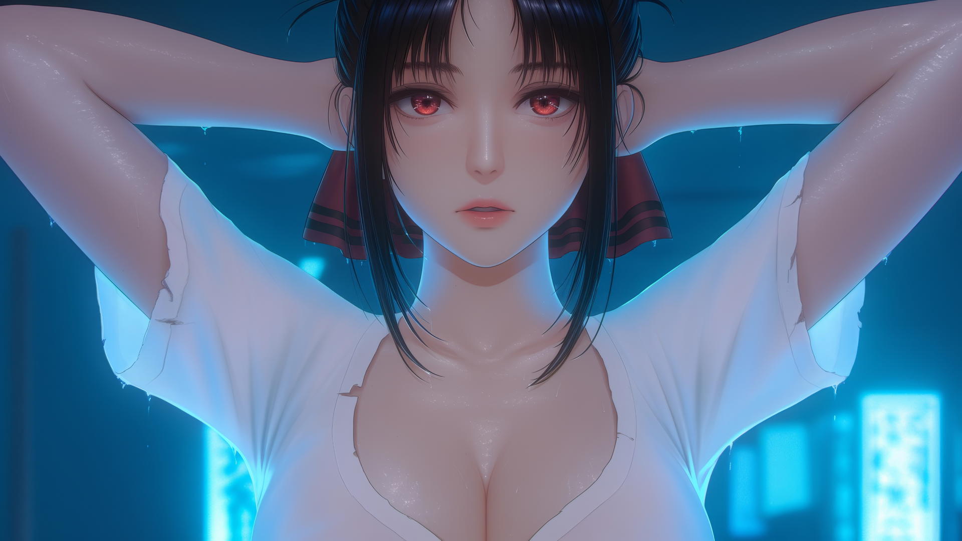 Kaguya Shinomiya seen from below with red eyes and broken white t-shirt under neon lighting