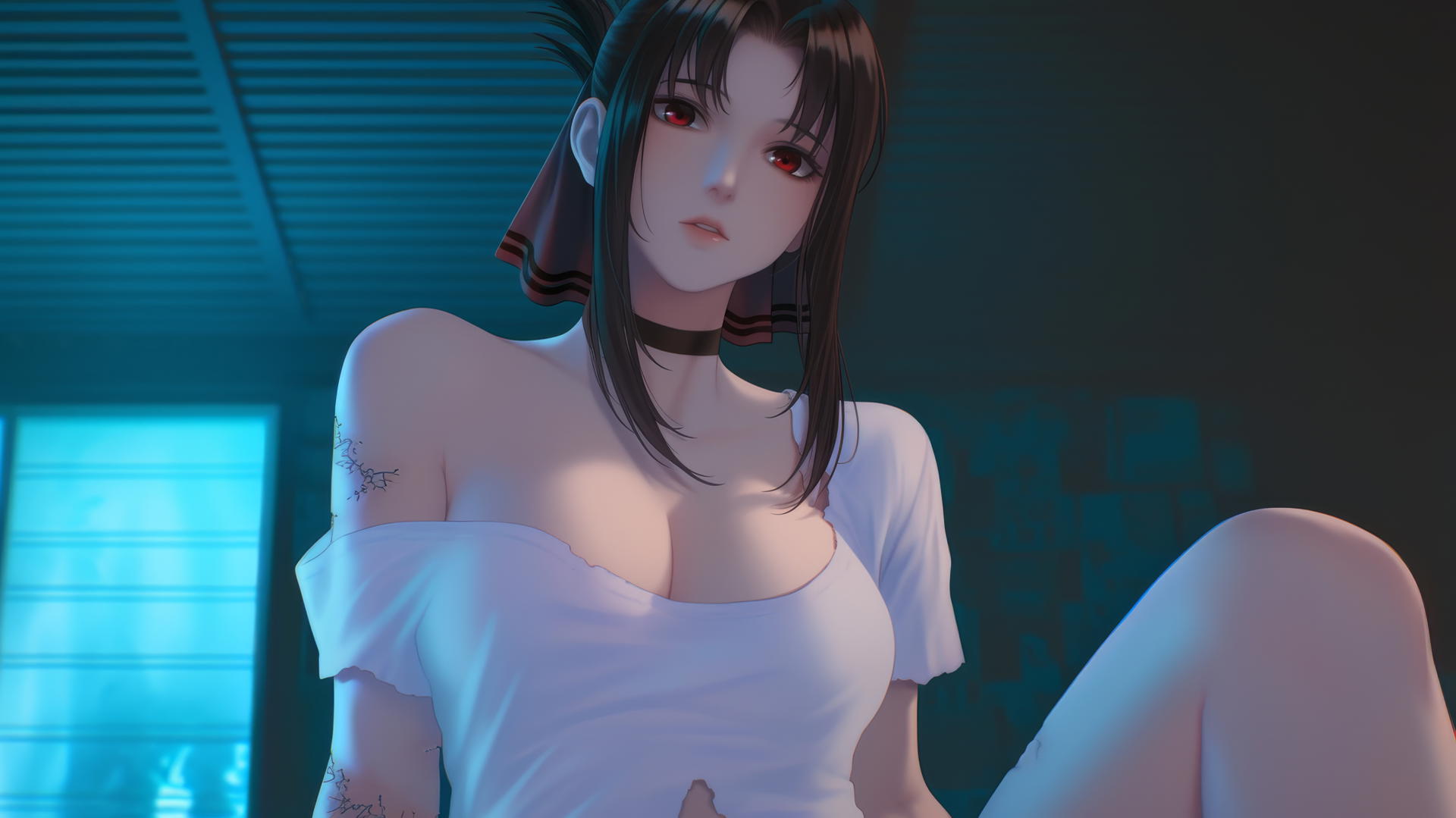 Kaguya Shinomiya kneeling, neon-lit, in broken white shirt, red eyes gazing down