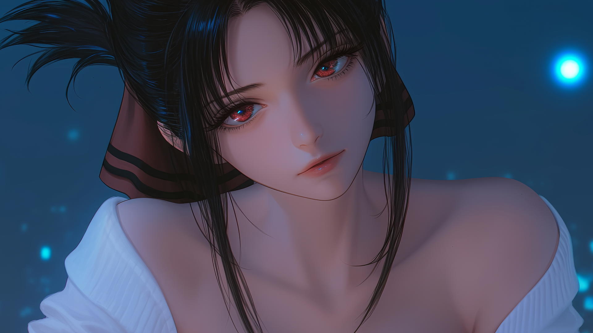 Kaguya Shinomiya from Kaguya-sama wa Kokurasetai kneeling with red eyes under neon light.