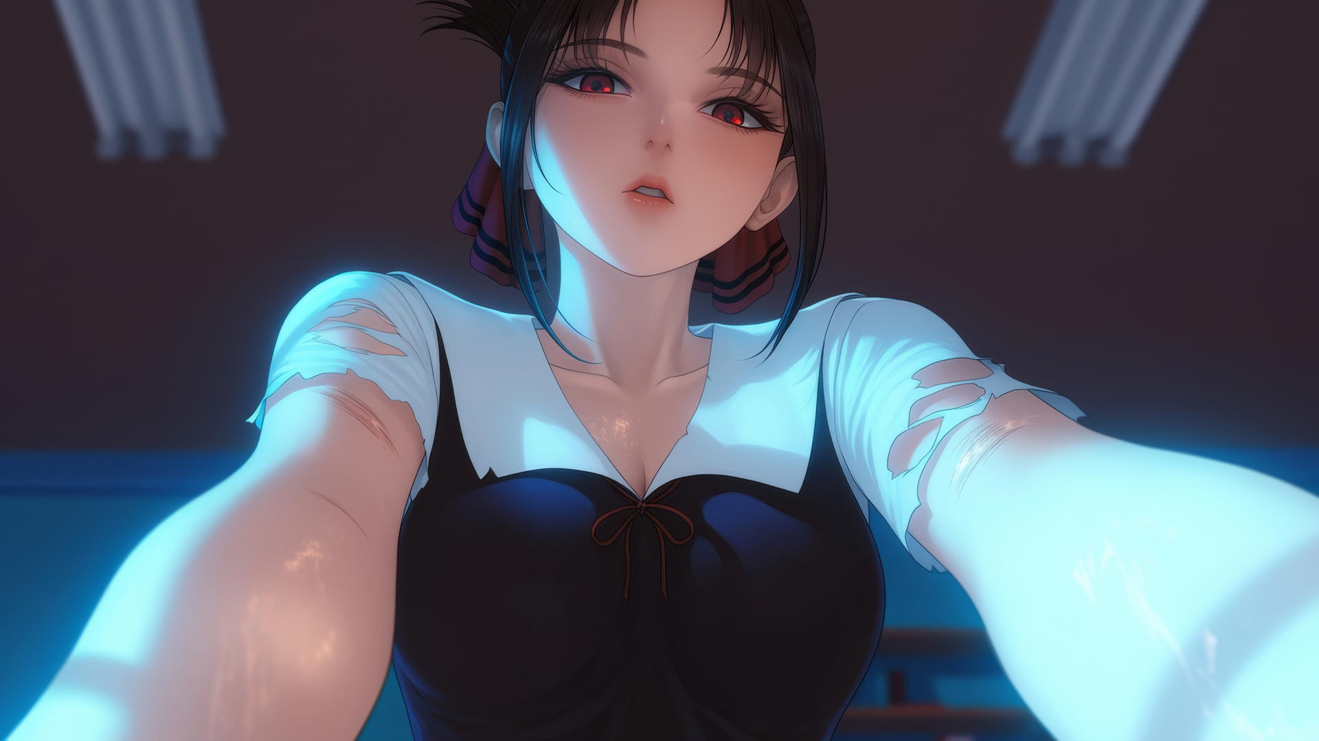 Kaguya Shinomiya with red eyes kneeling, seen from below in broken sweater under neon ceiling light.
