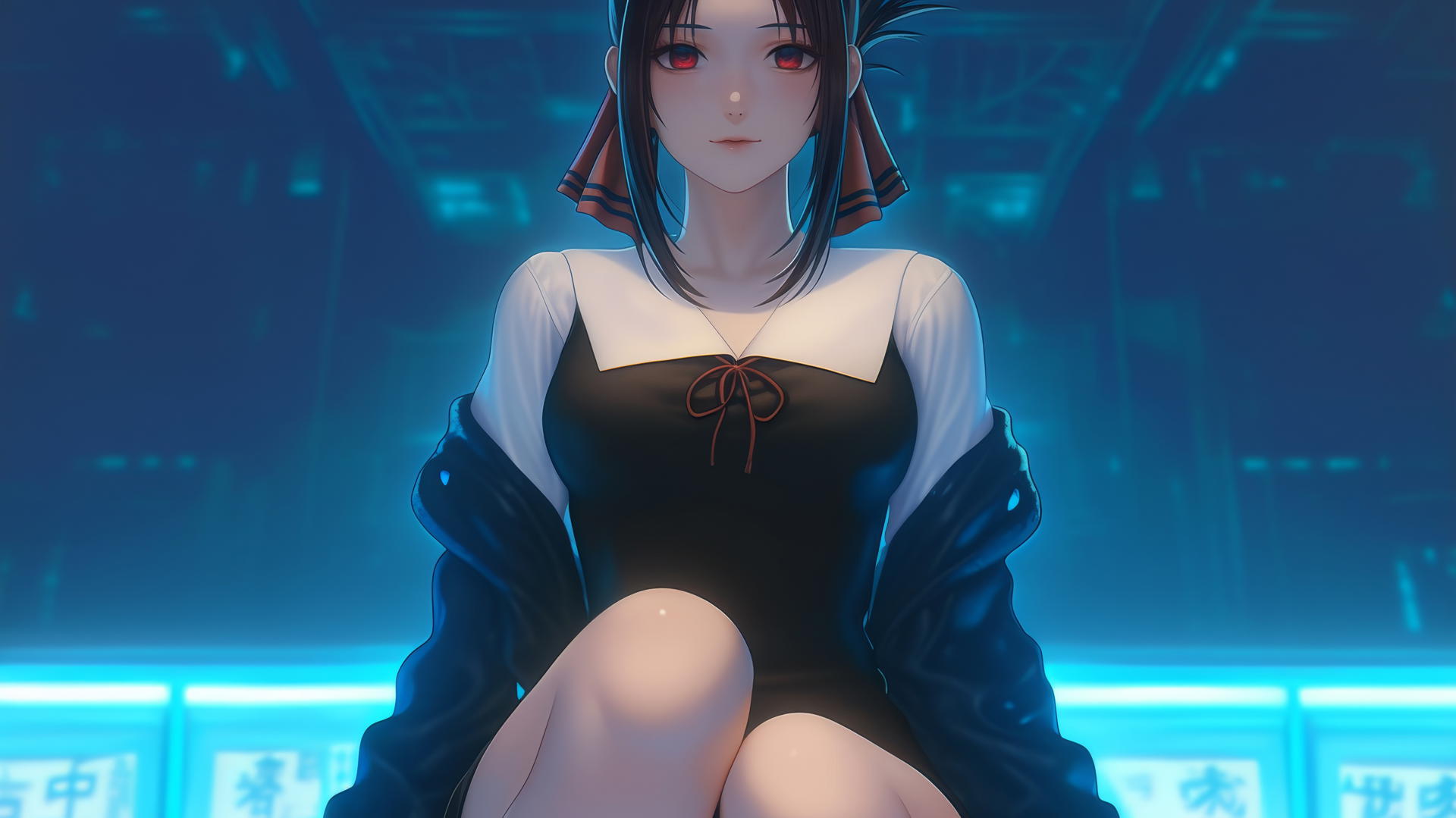 Kaguya Shinomiya kneeling with red eyes and broken sweater, under neon ceiling lights