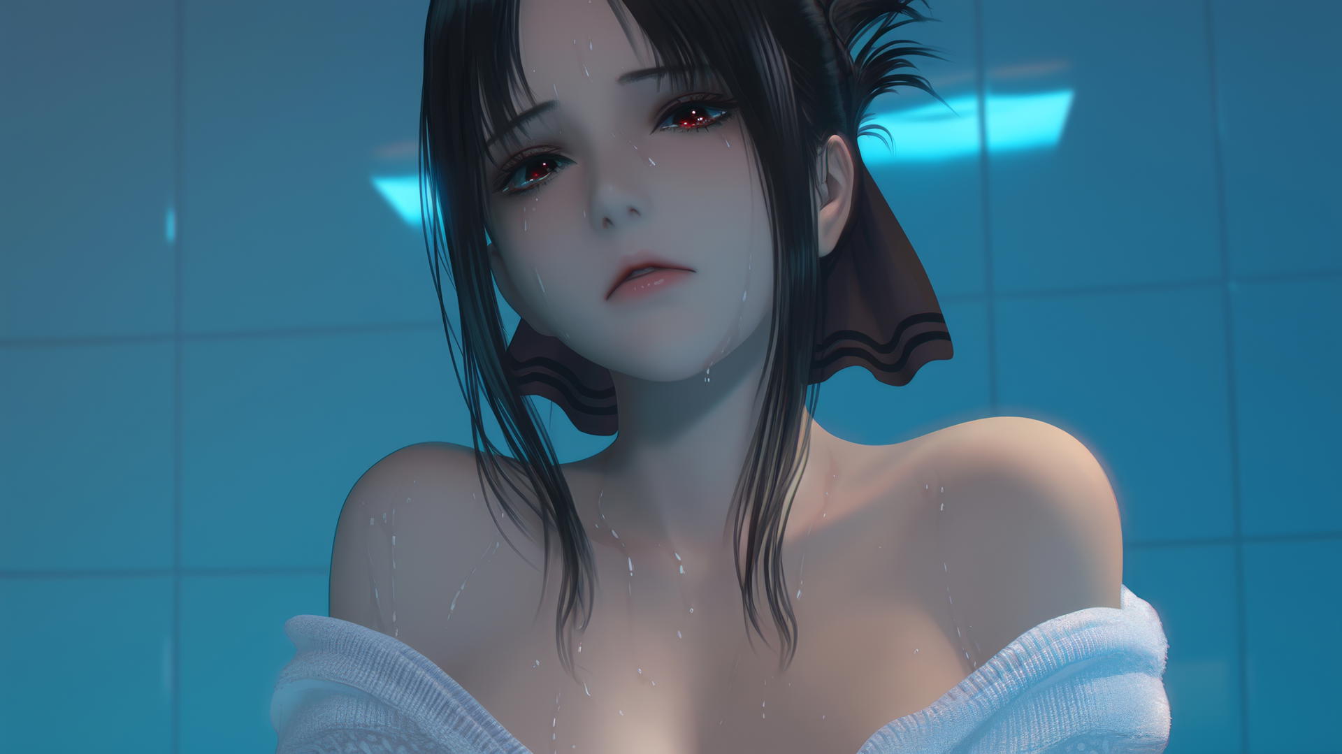 Kaguya Shinomiya kneeling with red eyes, neon ceiling light, broken sweater