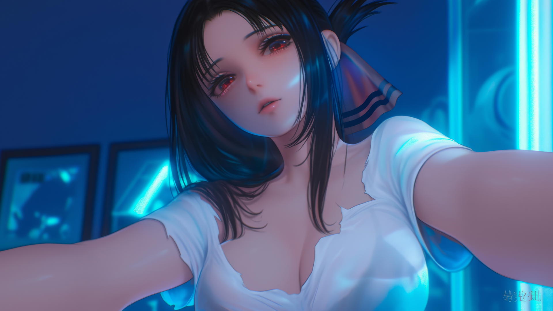 Kaguya Shinomiya from Kaguya-sama wa Kokurasetai seen from below, red eyes, worn-out t-shirt, neon light glow, Christmas.