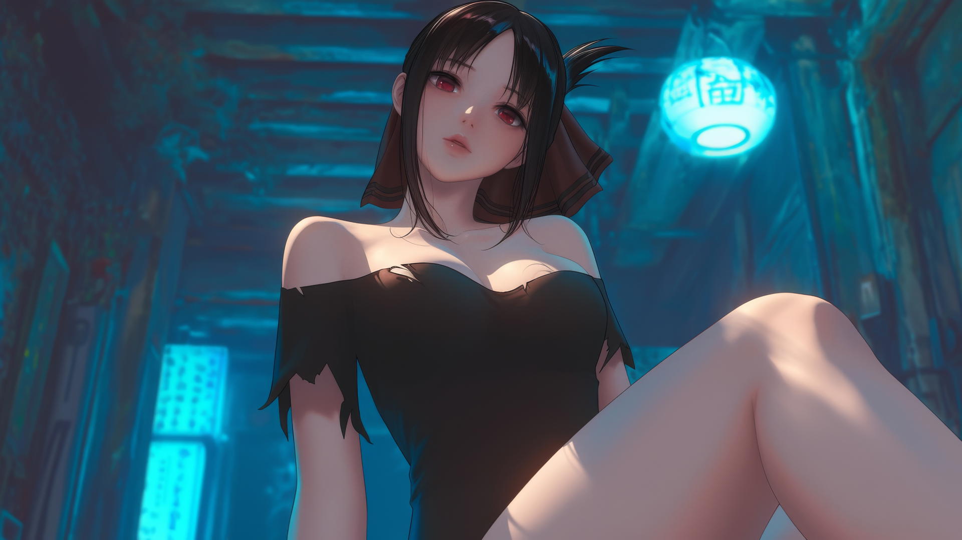 Kaguya Shinomiya in worn-out T-shirt with red eyes kneeling, neon light glow