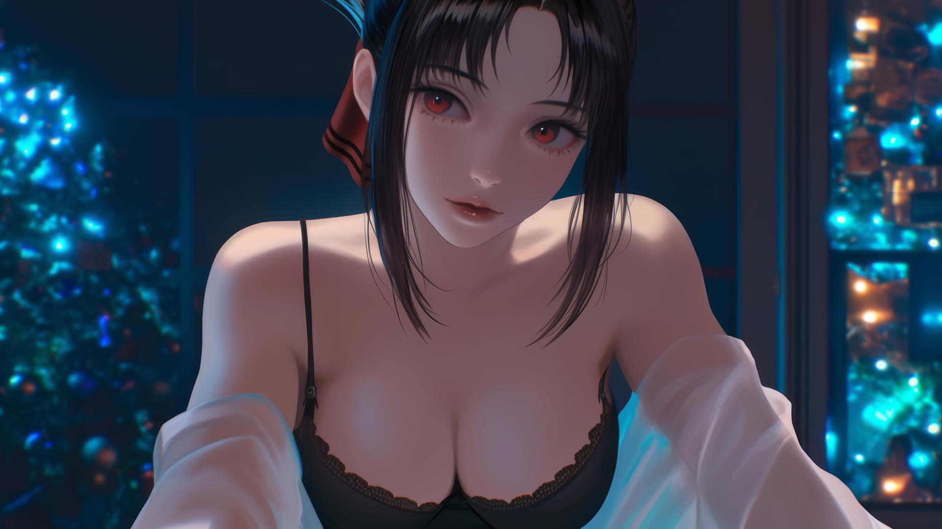 Kaguya Shinomiya kneeling with red eyes in a worn t-shirt, neon ceiling lights glow.