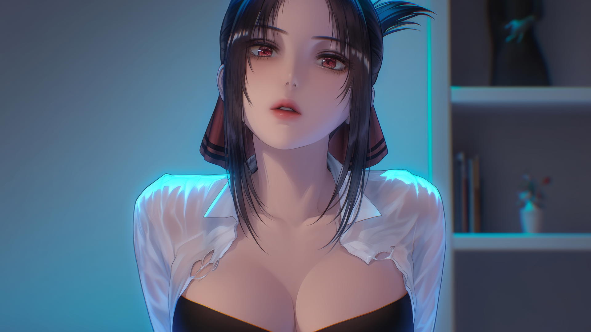 Kaguya Shinomiya with red eyes in a worn-out office shirt kneeling at Christmas, neon lights glow