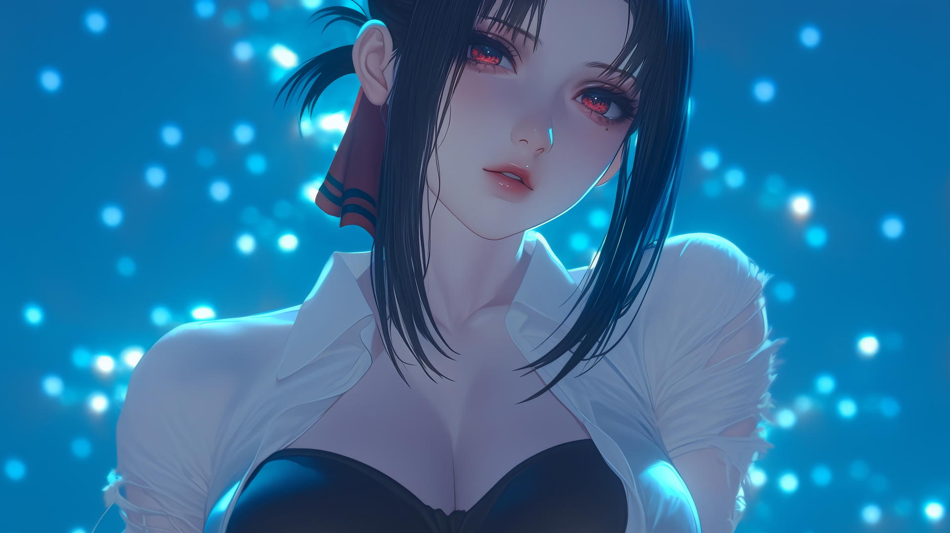 Kaguya Shinomiya kneeling, looking down with red eyes, worn-out office shirt, lit by soft neon glow