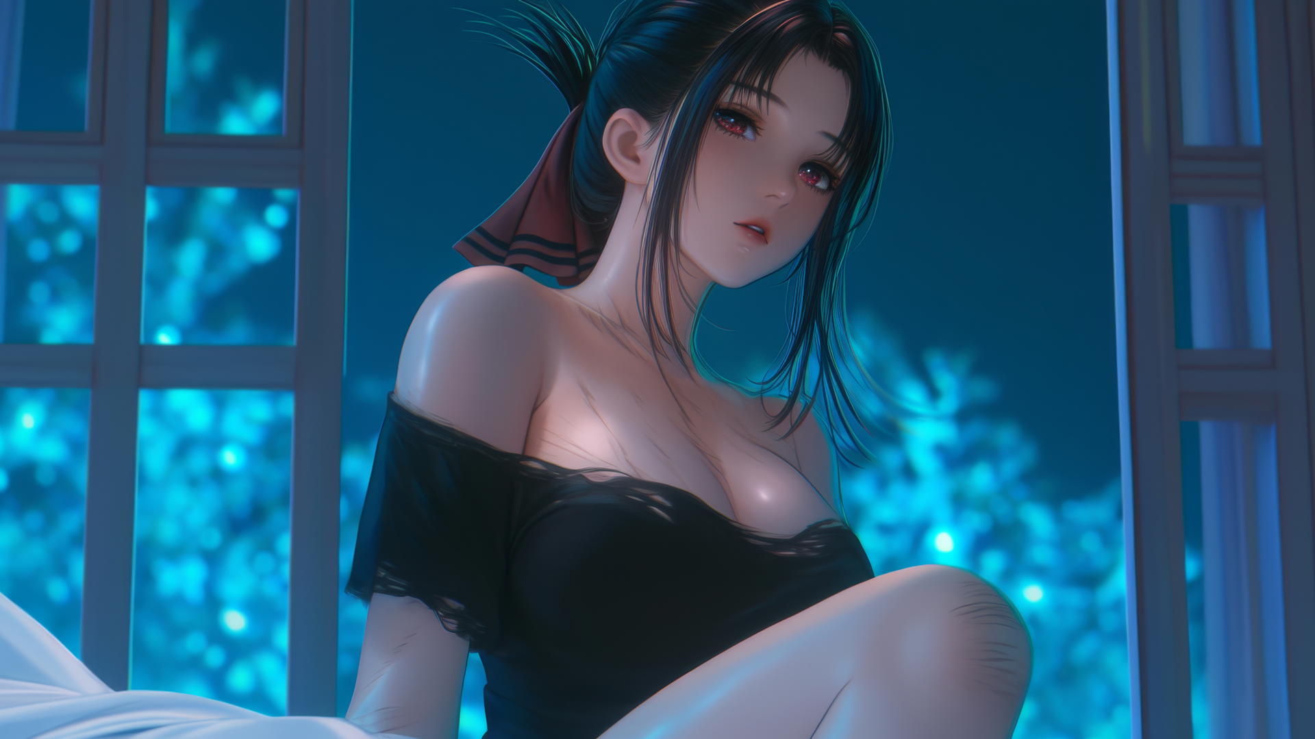 Kaguya Shinomiya kneeling, red eyes, torn t-shirt, neon-lit, Christmas