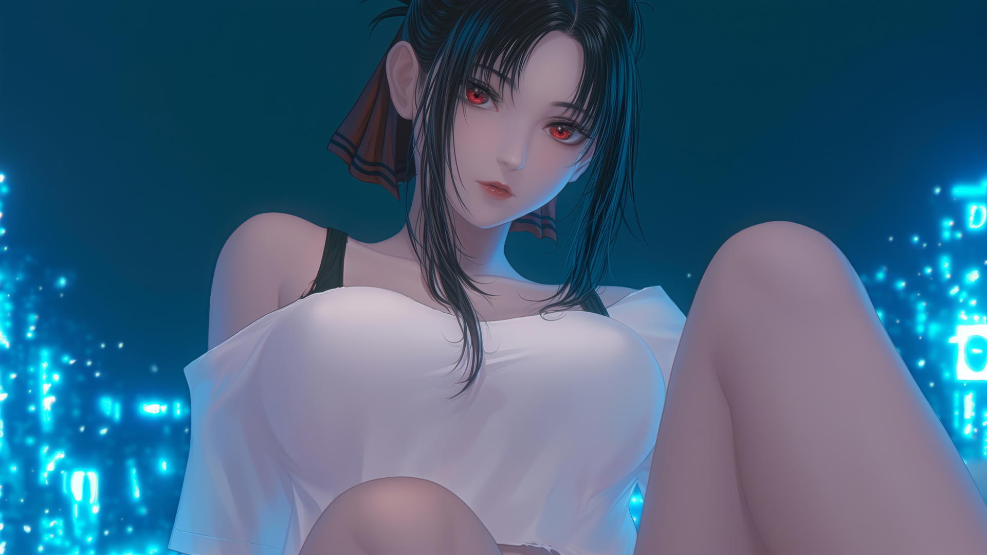 Kaguya Shinomiya kneeling at Christmas, wearing worn-out t-shirt, neon light glow