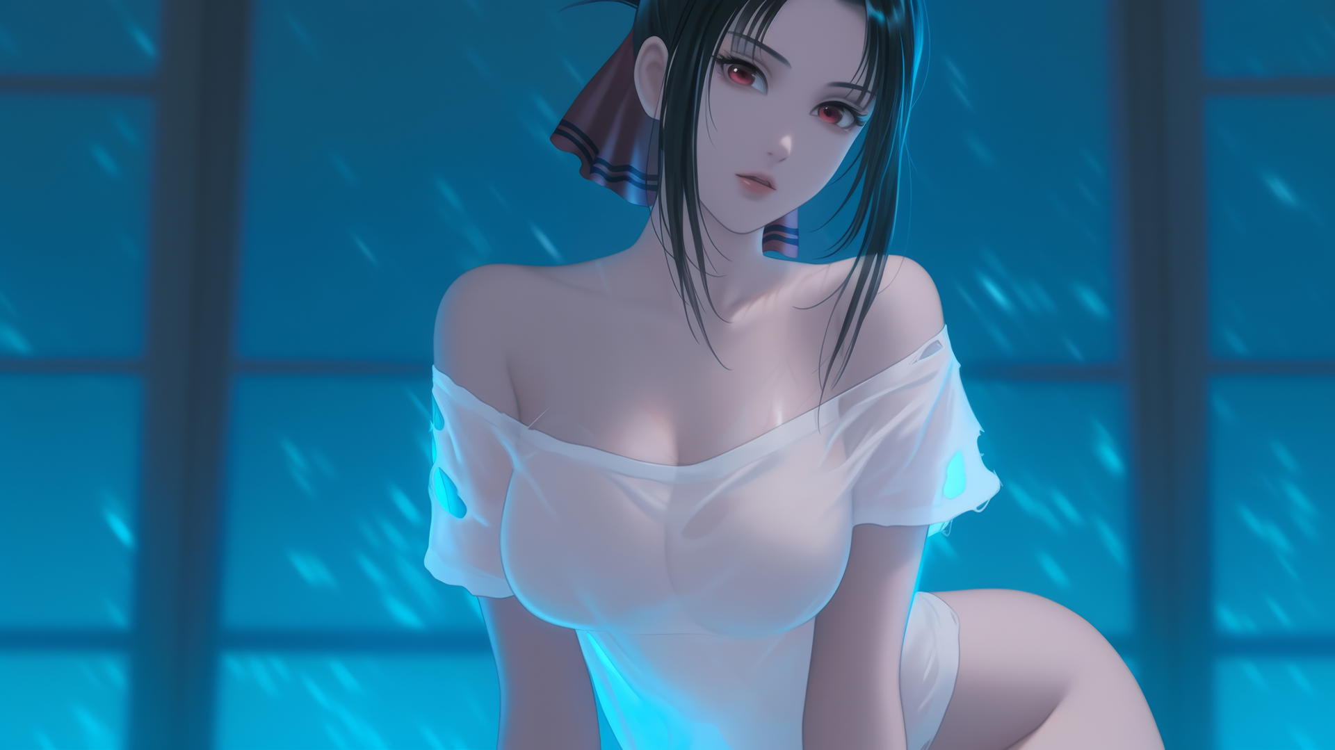 Kaguya Shinomiya in a worn-out T-shirt with rips kneeling under neon Christmas lights, looking down