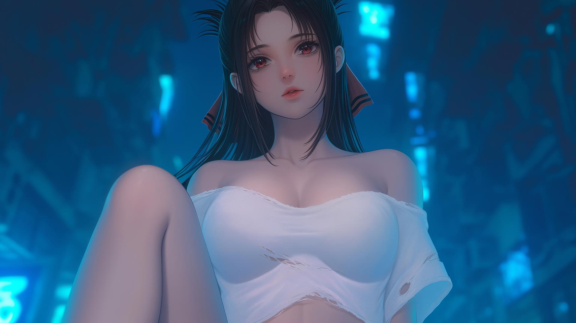 Kaguya Shinomiya with red eyes in a worn-out t-shirt, kneeling under neon lights.