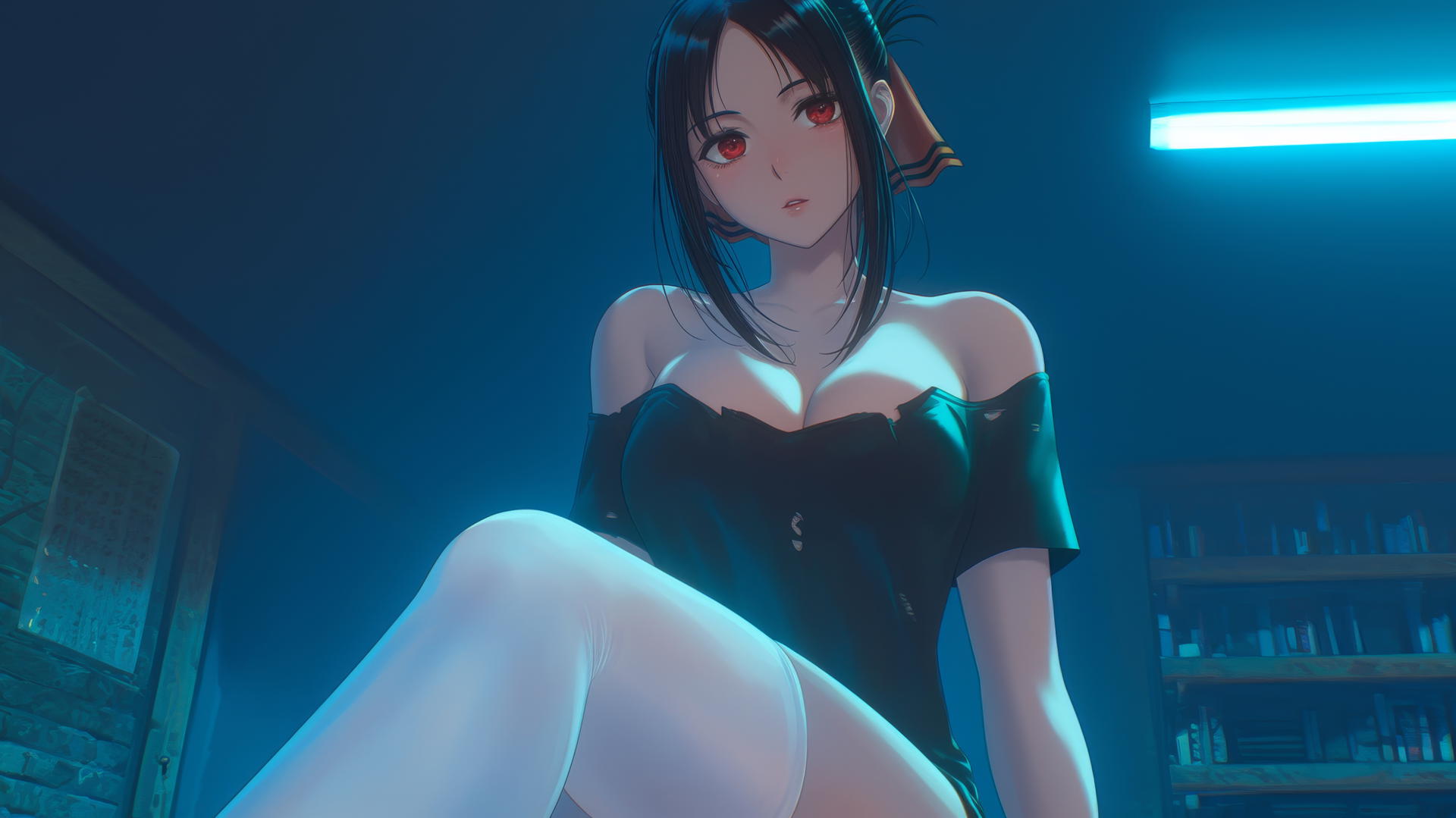 Kaguya Shinomiya, red eyes, worn-out t-shirt, kneeling, Christmas neon lights