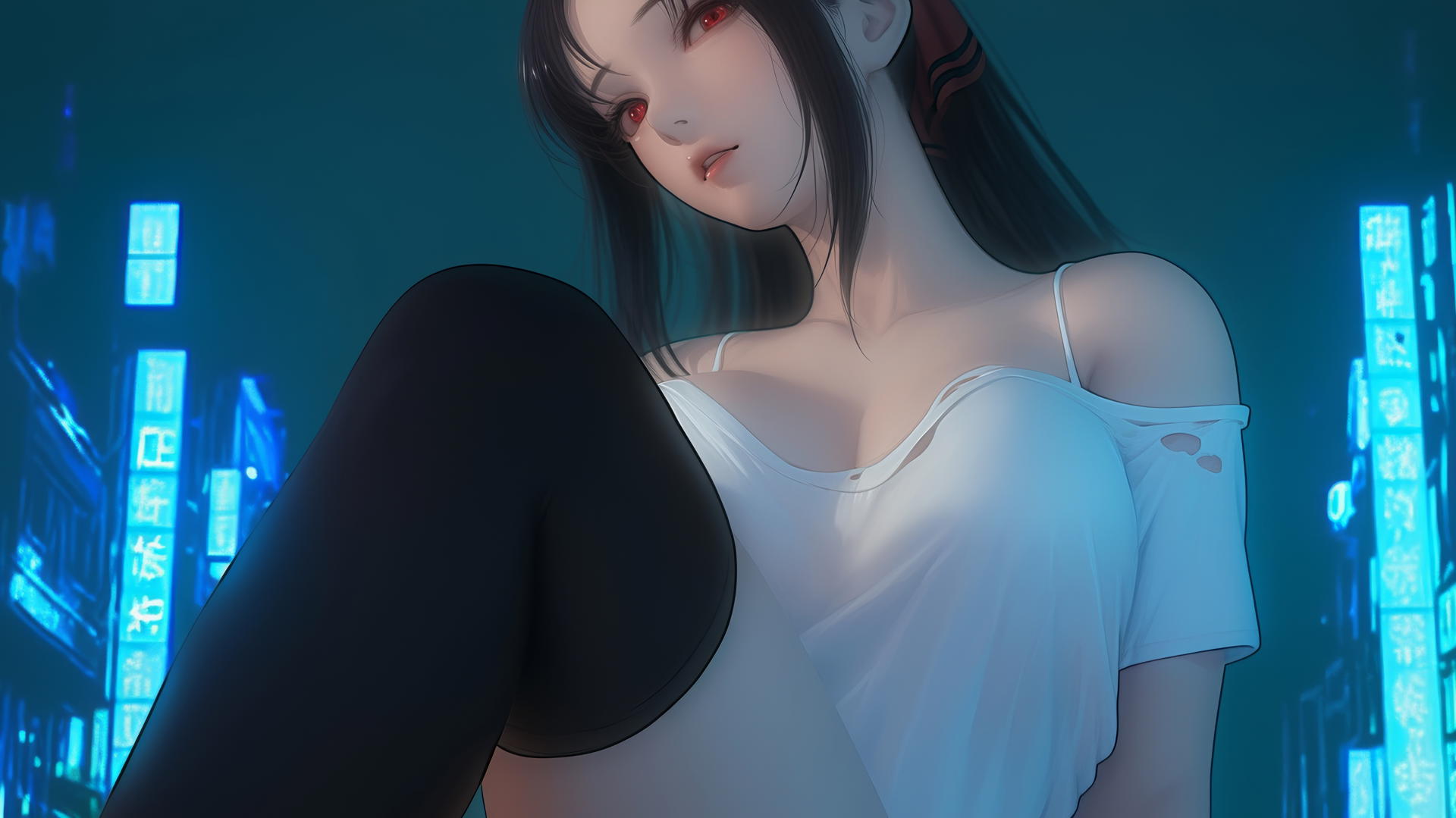 Kaguya Shinomiya kneeling with red eyes, wearing a worn-out t-shirt, neon-lit.