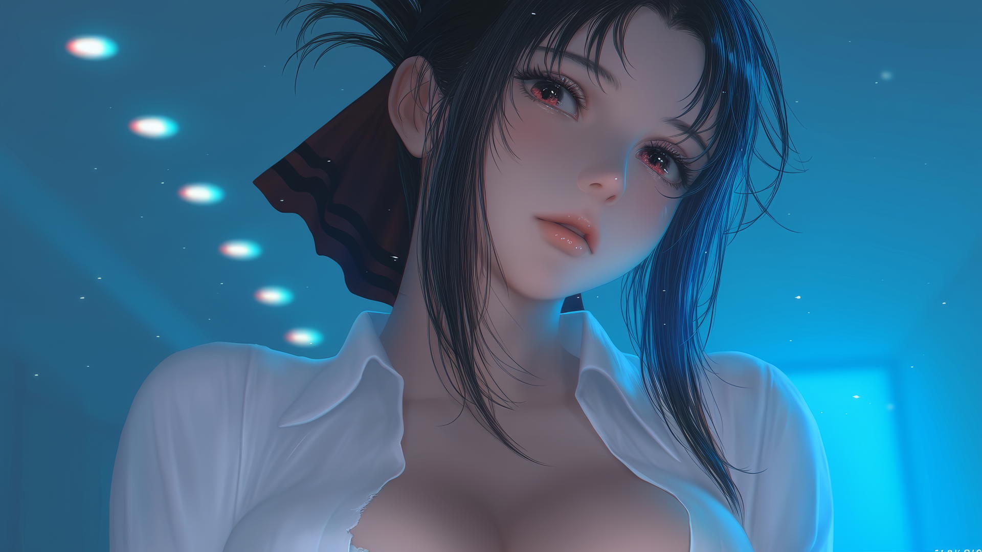 Kaguya Shinomiya kneeling, worn-out shirt, red eyes, neon ceiling lights