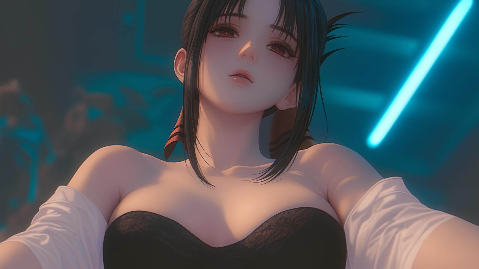 Kaguya Shinomiya kneeling, worn-out white shirt, red eyes, warm neon light