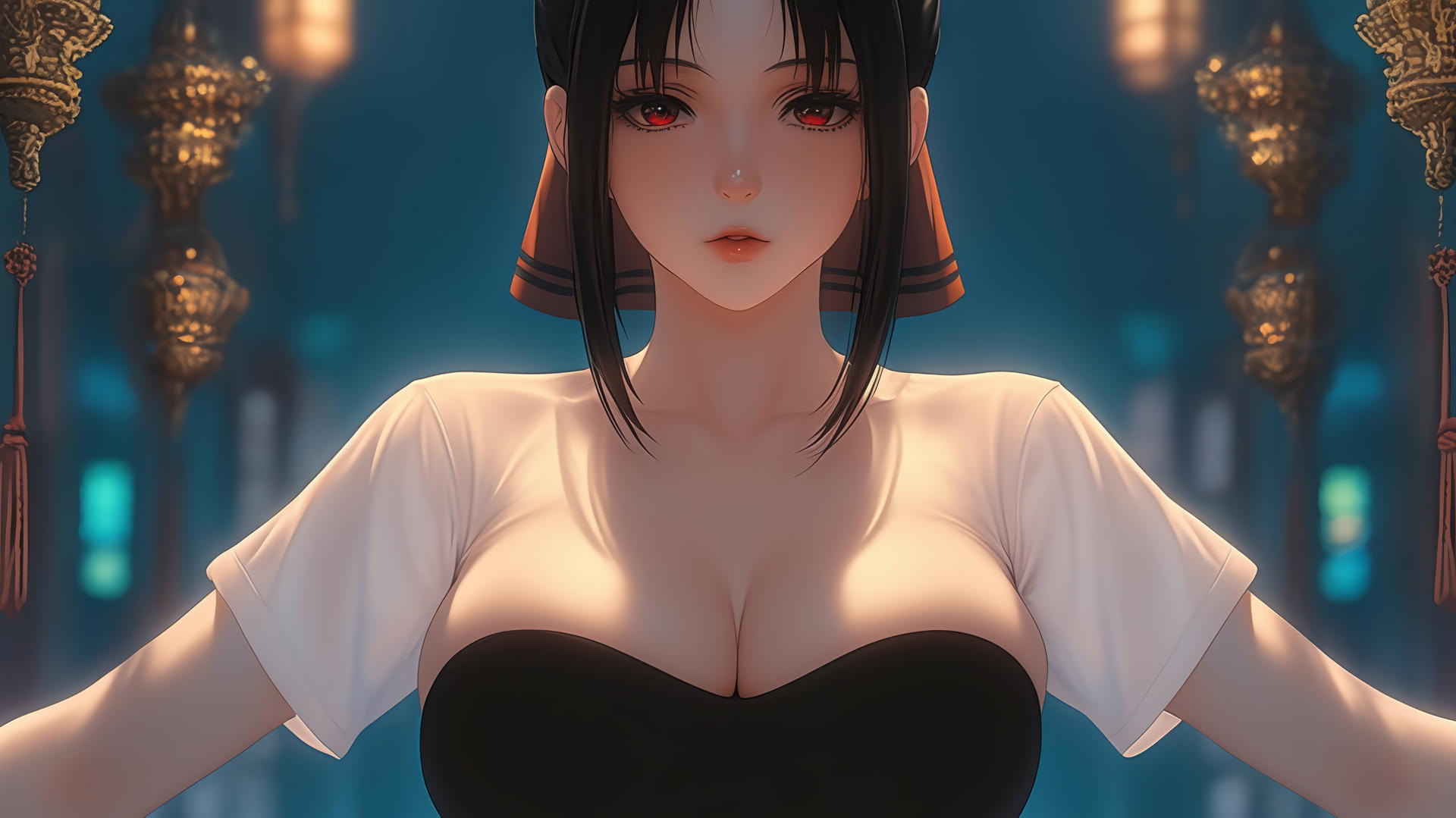 Kaguya Shinomiya kneeling with red eyes, warm and neon light glow