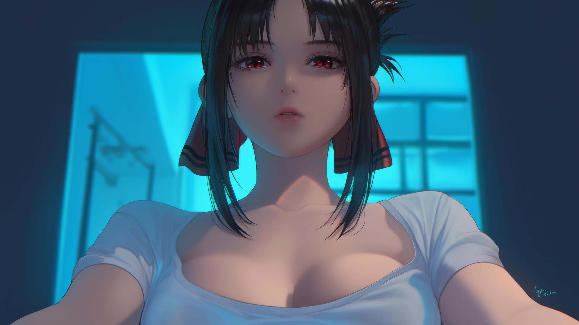 Kaguya Shinomiya kneeling in a white t-shirt with red eyes and warm neon lighting.