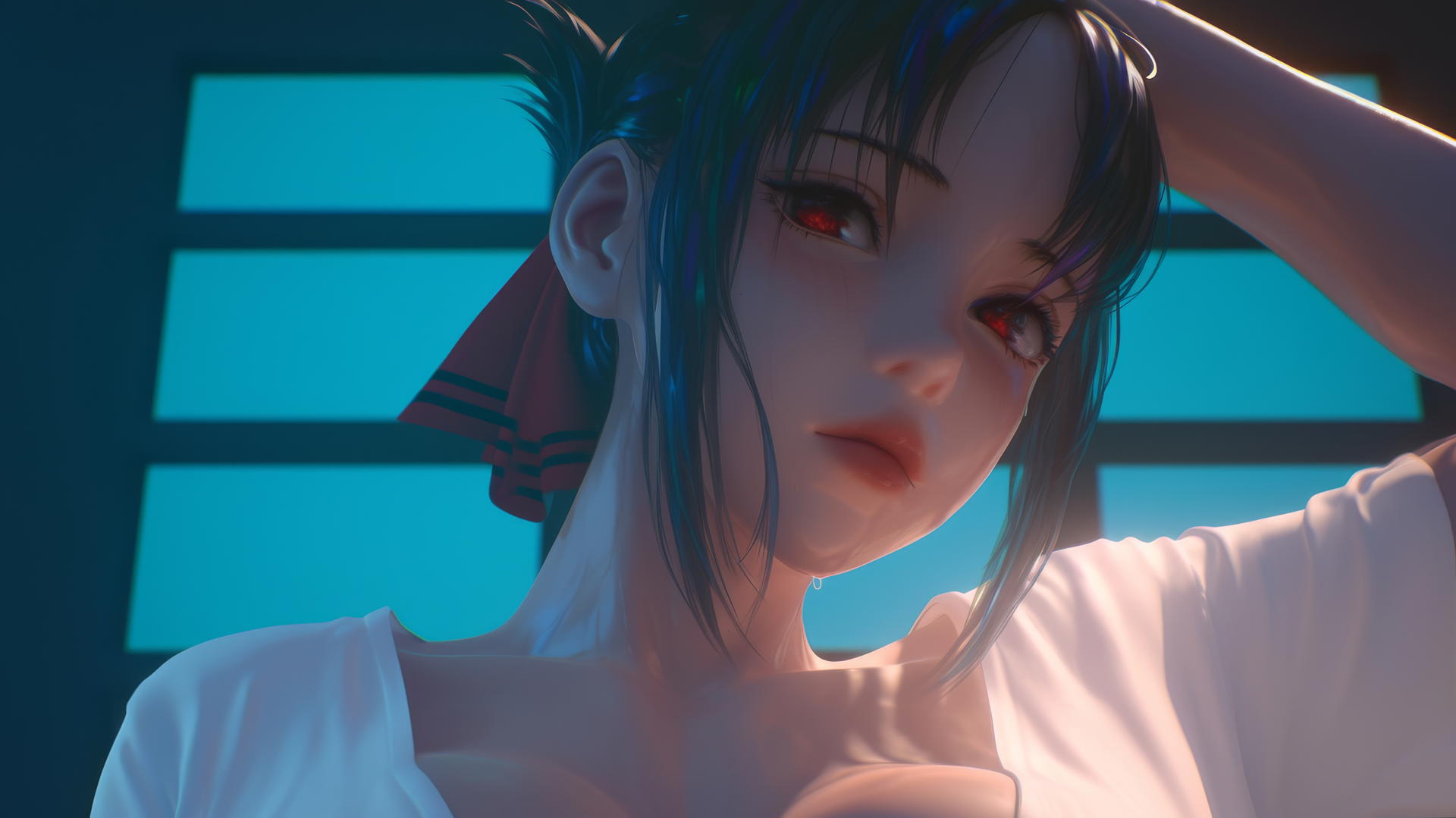 Kaguya Shinomiya kneeling, looking down, illuminated by warm and neon ceiling lights