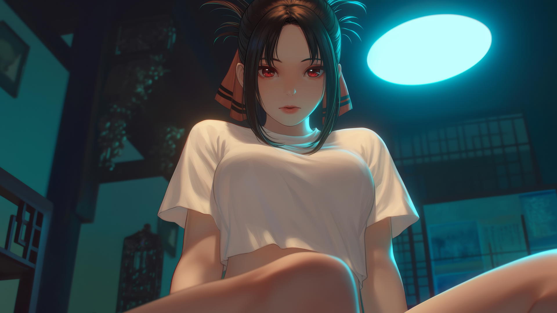 Kaguya Shinomiya in a dynamic pose, red eyes, neon glow