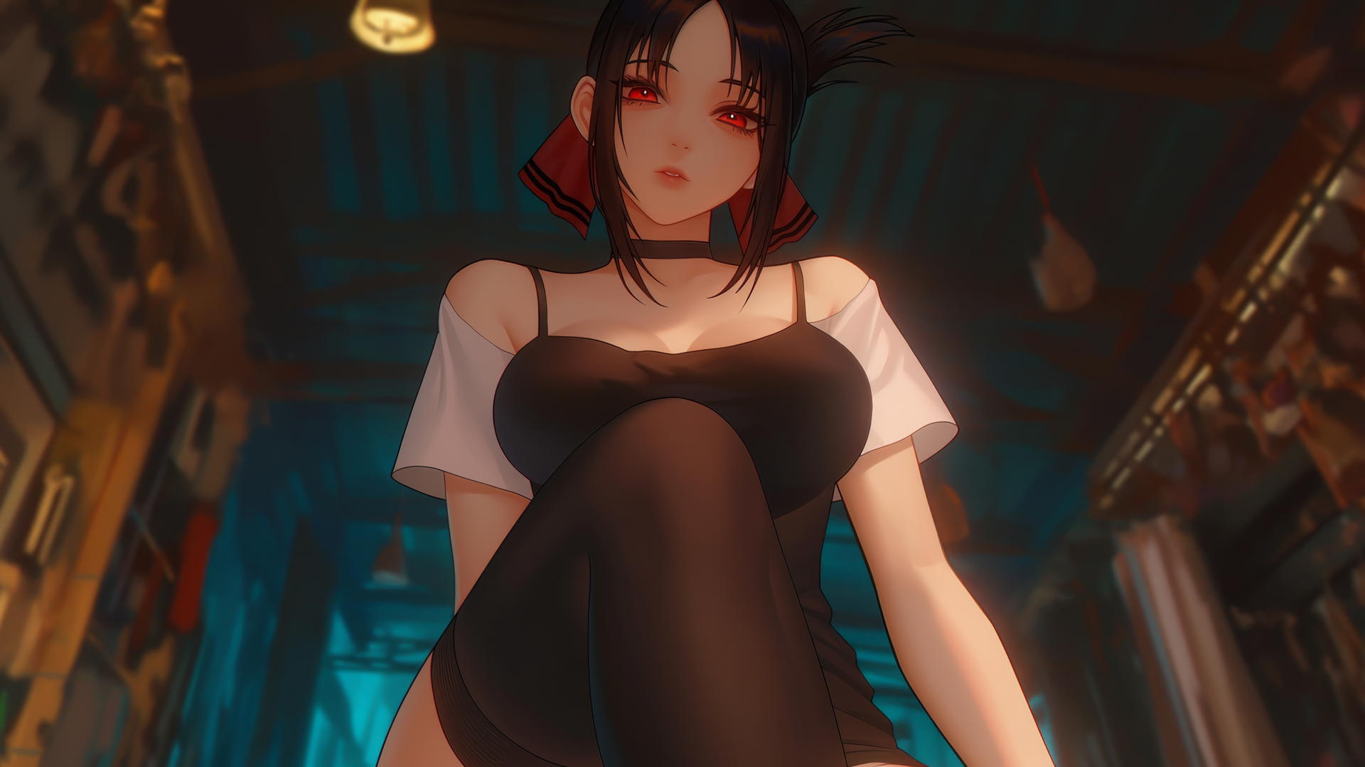 Kaguya Shinomiya kneeling, red eyes, broken t-shirt, looking straight down, warm and neon light.