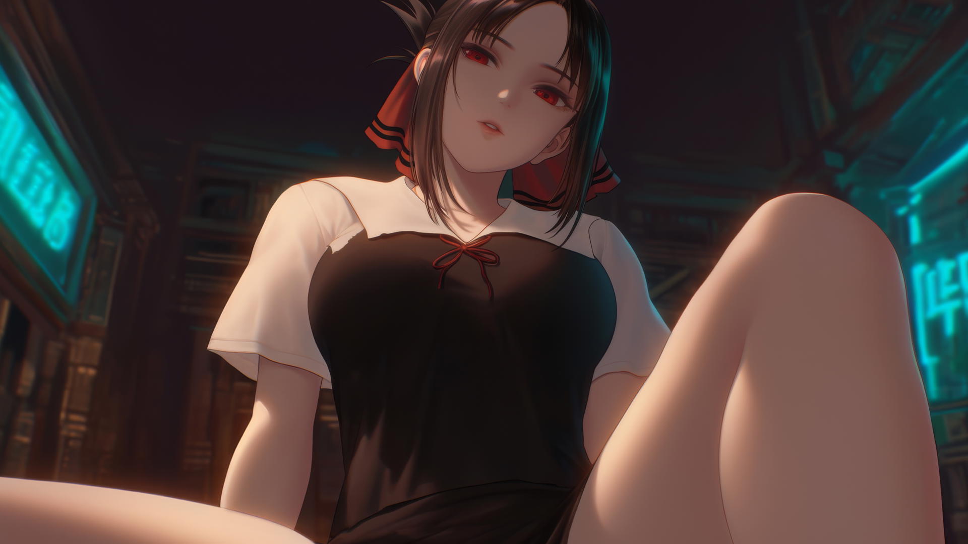 Kaguya Shinomiya with red eyes, kneeling in a broken t-shirt, dynamic pose, warm and neon light glow.
