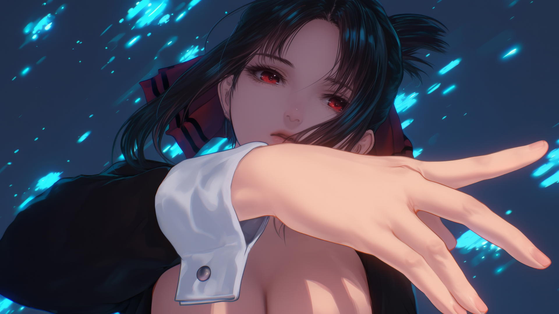 Kaguya Shinomiya kneeling, broken T-shirt, red eyes, neon-lit warm glow.
