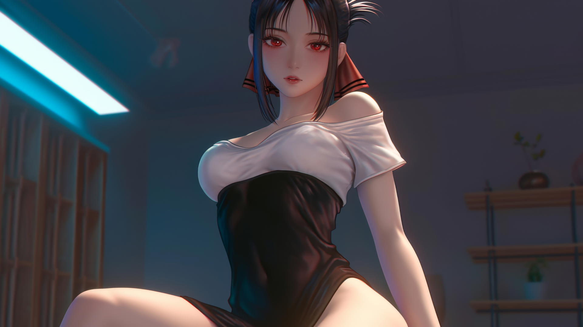 Kaguya Shinomiya kneeling with red eyes, dynamic pose, neon ceiling lights.