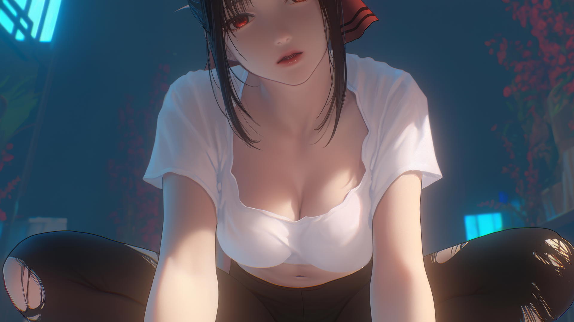 Kaguya Shinomiya from Kaguya-sama wa Kokurasetai kneeling with red eyes, broken t-shirt, and neon light glow.