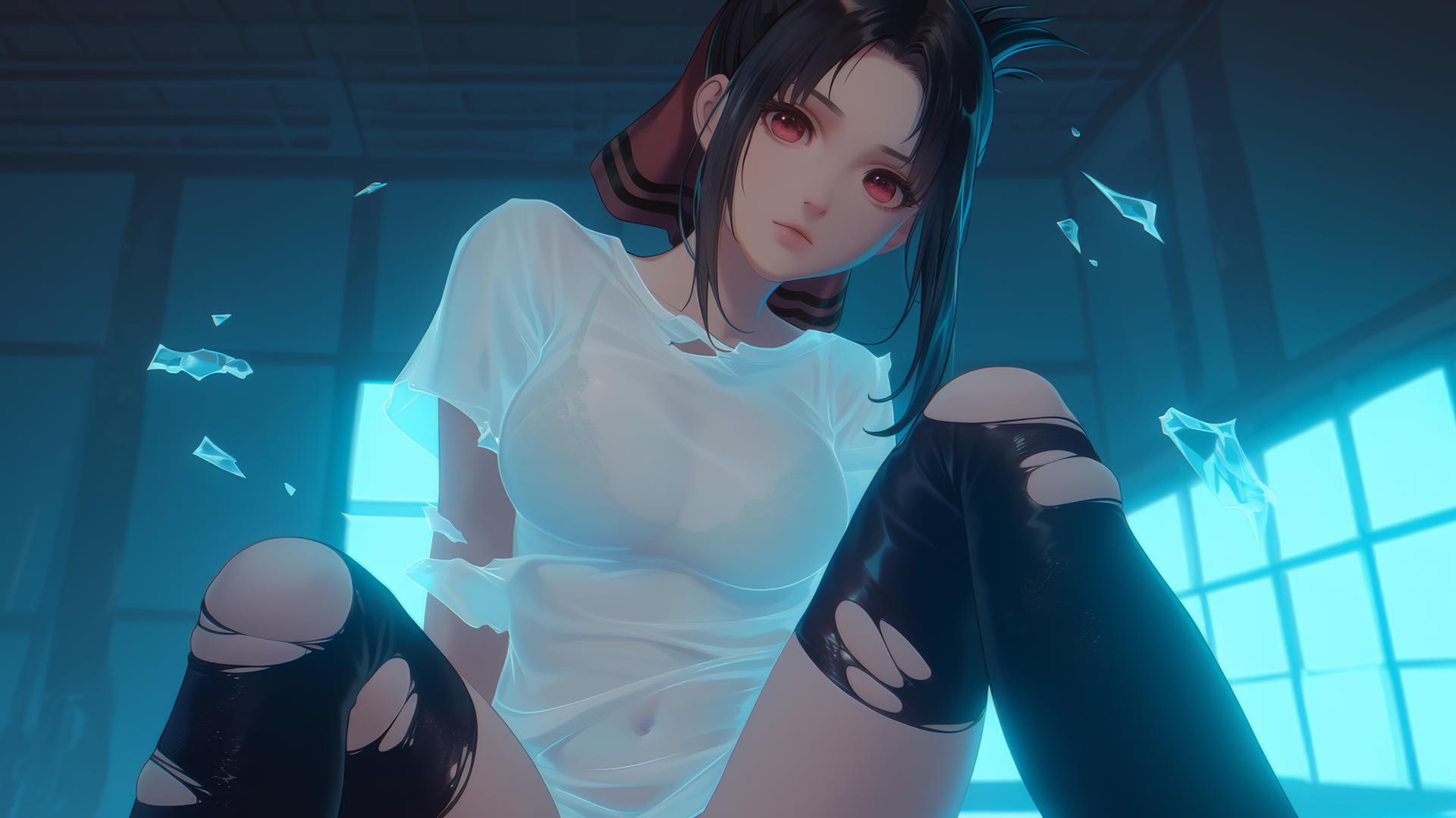 Kaguya Shinomiya kneeling, broken t-shirt, warm and neon lights, dynamic pose.