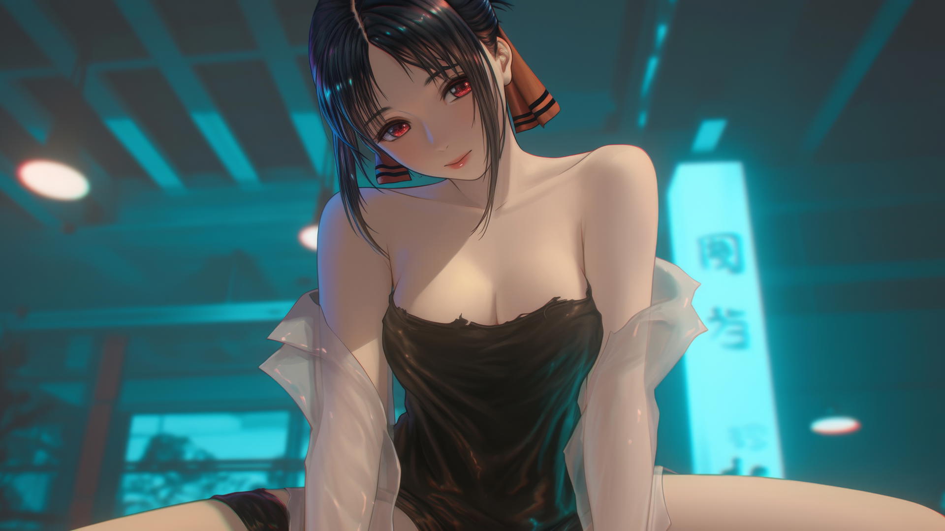 Kaguya Shinomiya with red eyes, broken t-shirt, kneeling in warm neon light