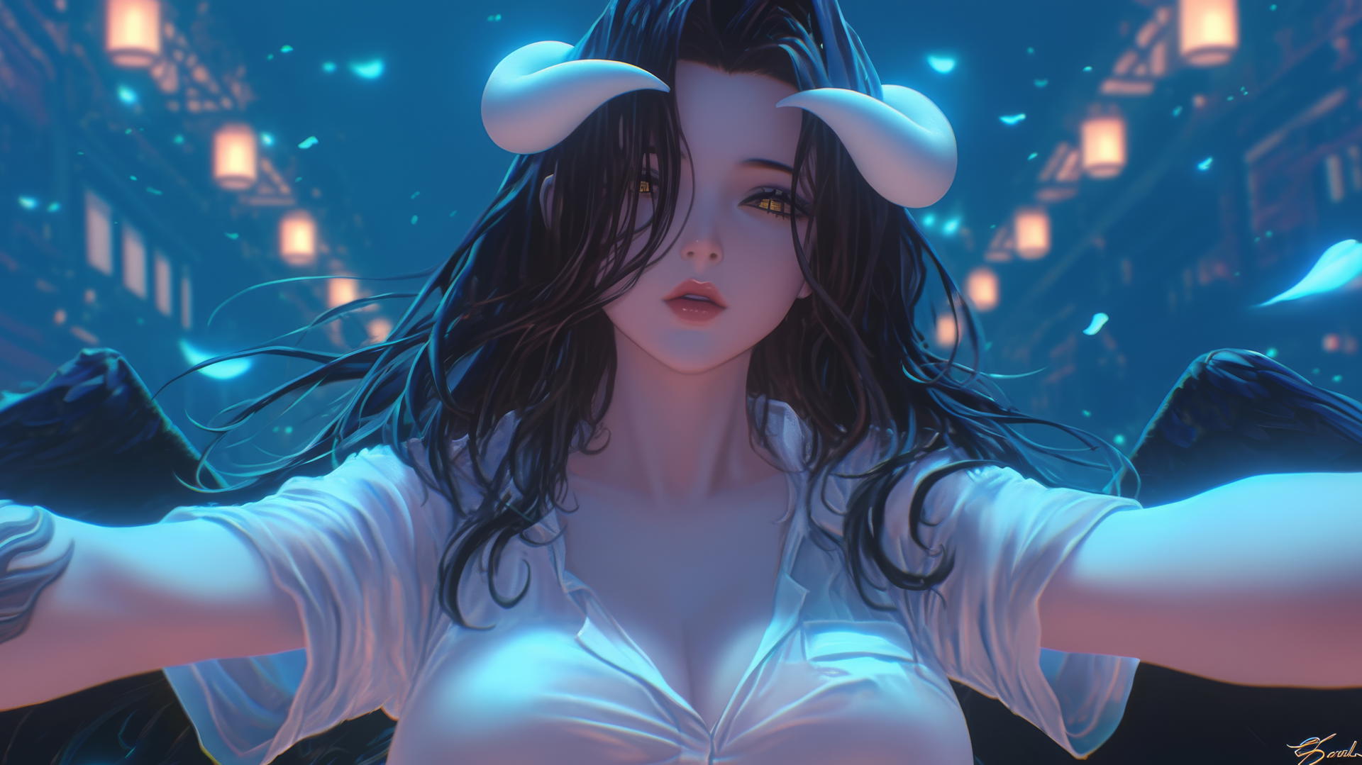 Albedo from Overlord kneels, looking down with golden irises and split pupils, neon glow.
