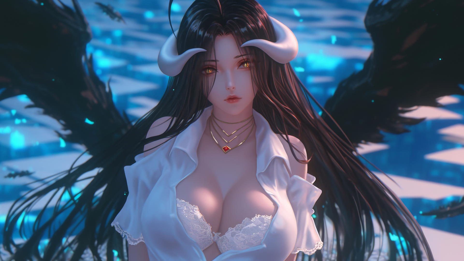 Albedo from Overlord kneeling, looking down with glowing neon light.