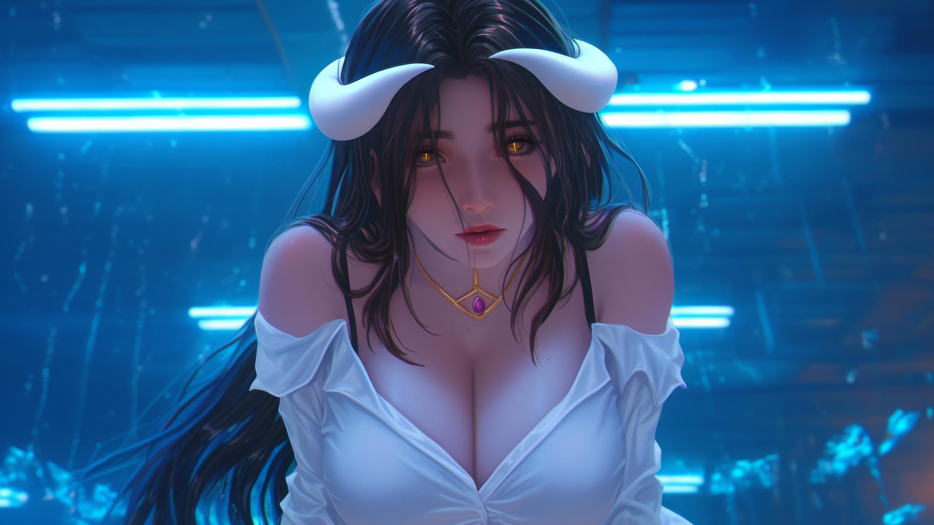 Albedo from Overlord kneeling, looking down, neon-lit with golden irises and horns.